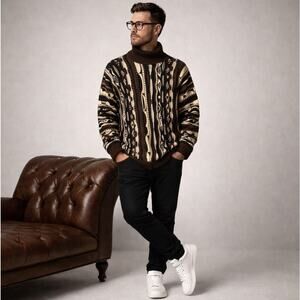 NU MEN 3D Knit Streetwear 90s Sweater Coogi Style Brown Cosby Sz XXL {237}